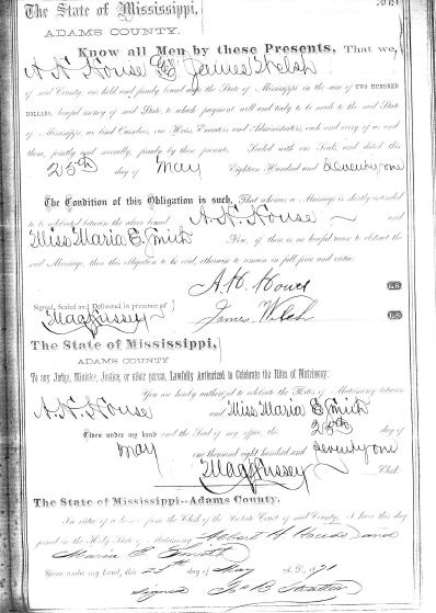<I>House:</I> Alfred Henry House and Maria E. Smith marriage certificate.  May 25, 1871