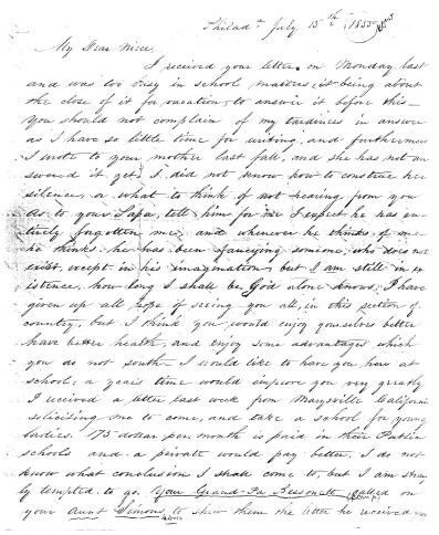 <I>Hand:</I> Letter written by Anna Marie (Fox) Hand in Philadelphia to Joanna Painter (Fox) Waddill in Natchez, Mississippi. July 15, 1855