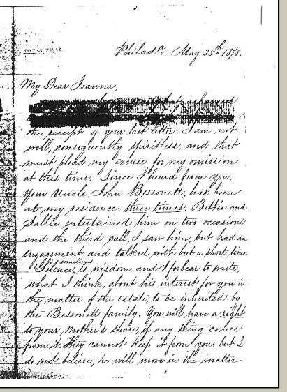 <I>Hand:</I> Letter written by Anna Marie (Fox) Hand in Philadelphia to Joanna Painter (Fox) Waddill probably in Louisiana.  May 25, 1878