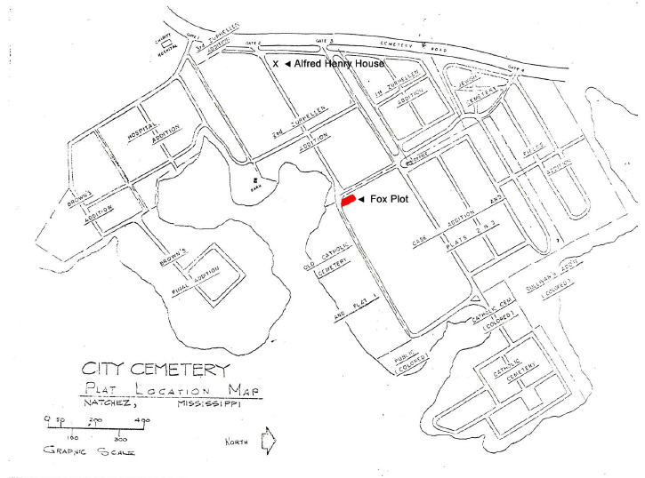 <I>Fox:</I> Map of the Fox plot at Natchez City Cemetery.  Also includes the location of Alfred Henry House grave.
