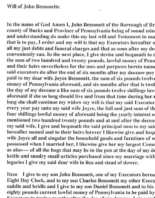 <I>Bessonett:</I> John Bessonett will (transcribed) dated March 4, 1774.