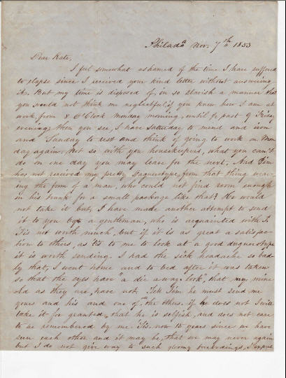 <I>Hand:</I> Letter written by Anna Marie (Fox) Hand in Philadelphia to Catharine Ann (Bessonett) Fox in Natchez, Mississippi, November 7, 1853.