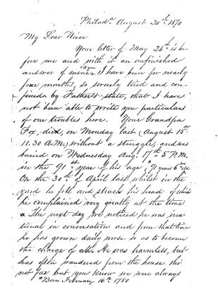 <I>Hand:</I> Letter written by Anna Marie (Fox) Hand in Philadelphia to Sylvania Penn (Fox) House in Natchez, Mississippi. August 20, 1870